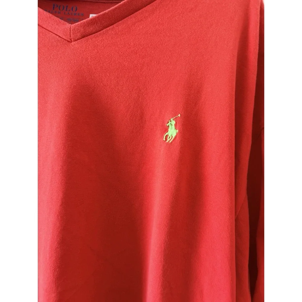 Polo Ralph Lauren Men's Red V-Neck T-Shirt Classic Fit Size XL Neon Green Logo